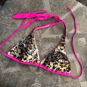 💫 VS | Full Sequin Pink Cheetah Print Bikini Top